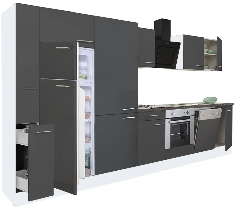 Mobilă de bucătărie Yorki 370, corp alb, față antracit satinat, element cuptor inferior, dulap cu rafturi și frigider cu congelator superior