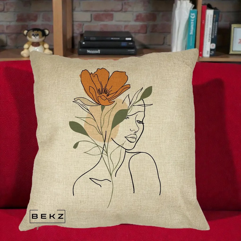 Perna Decorativa Portret Feminin Floare Portocalie, 40x40 cm, Crem, Husa Detasabila, Perna Inclusa, BEKZ®