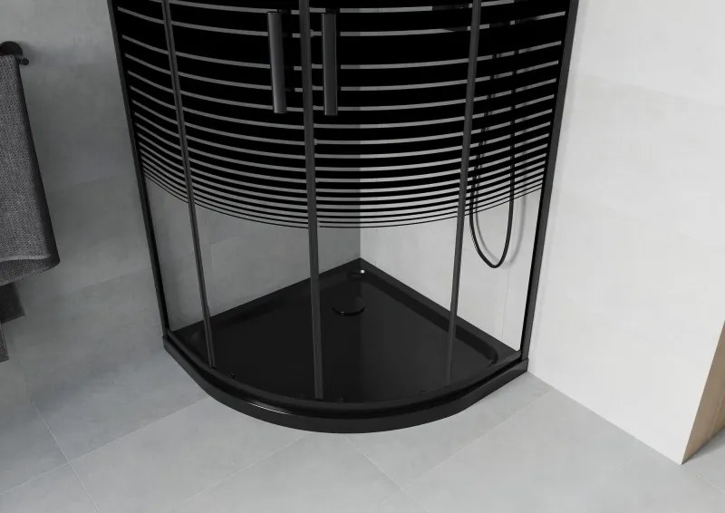 Mexen Rio cabina de duș semicirculară 80 x 80 cm, benzi negre, neagră + cadă de duș Flat, neagră - 863-080-080-70-20-4170B
