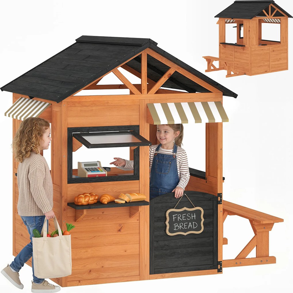 AIYAPLAY Căsuță de joacă din lemn pentru exterior cu bucătărie, bancă, tejghea, ferestre, ușă pentru 3-8 ani 171,5 x 146 x 156 cm Maro | Aosom Romania