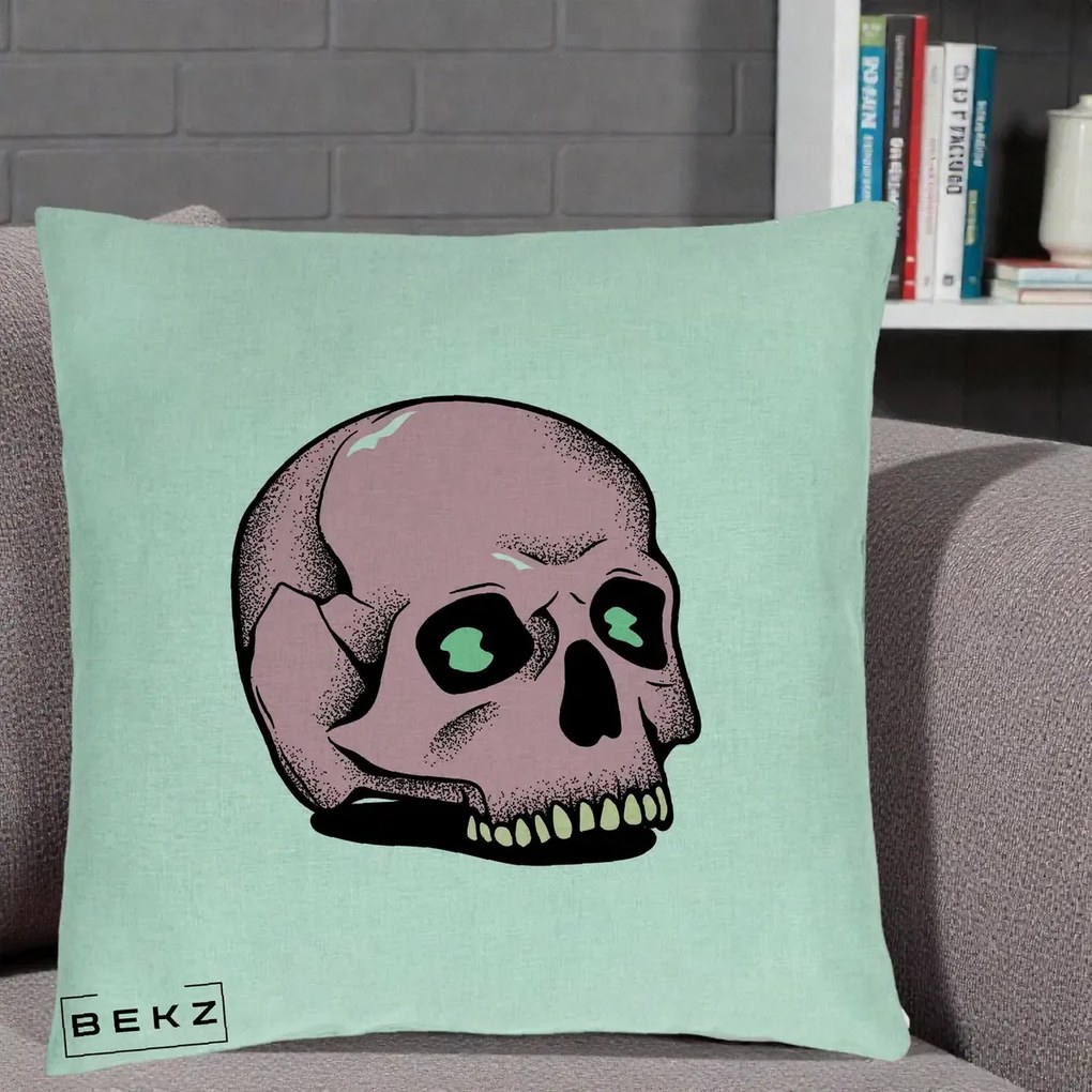 Perna Decorativa Craniu Roz Tatoo Art Halloween, 40x40 cm, Verde Menta, Husa Detasabila, Perna Inclusa, BEKZ®
