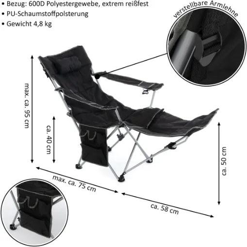 Scaun de camping, suport pentru picioare detașabil, negru
