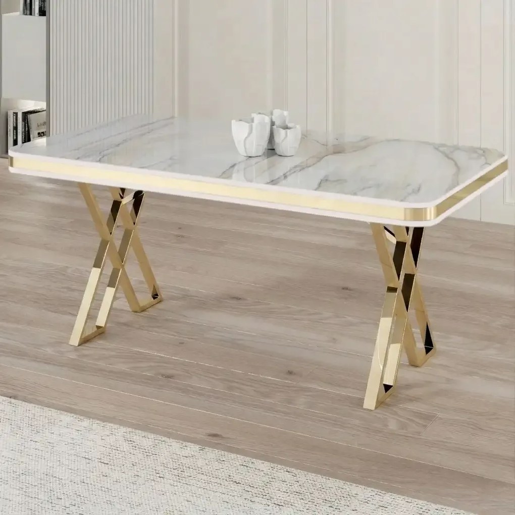 Set masa si 6 scaune colare masa alb calcutta marmorat scaune tapitat gri