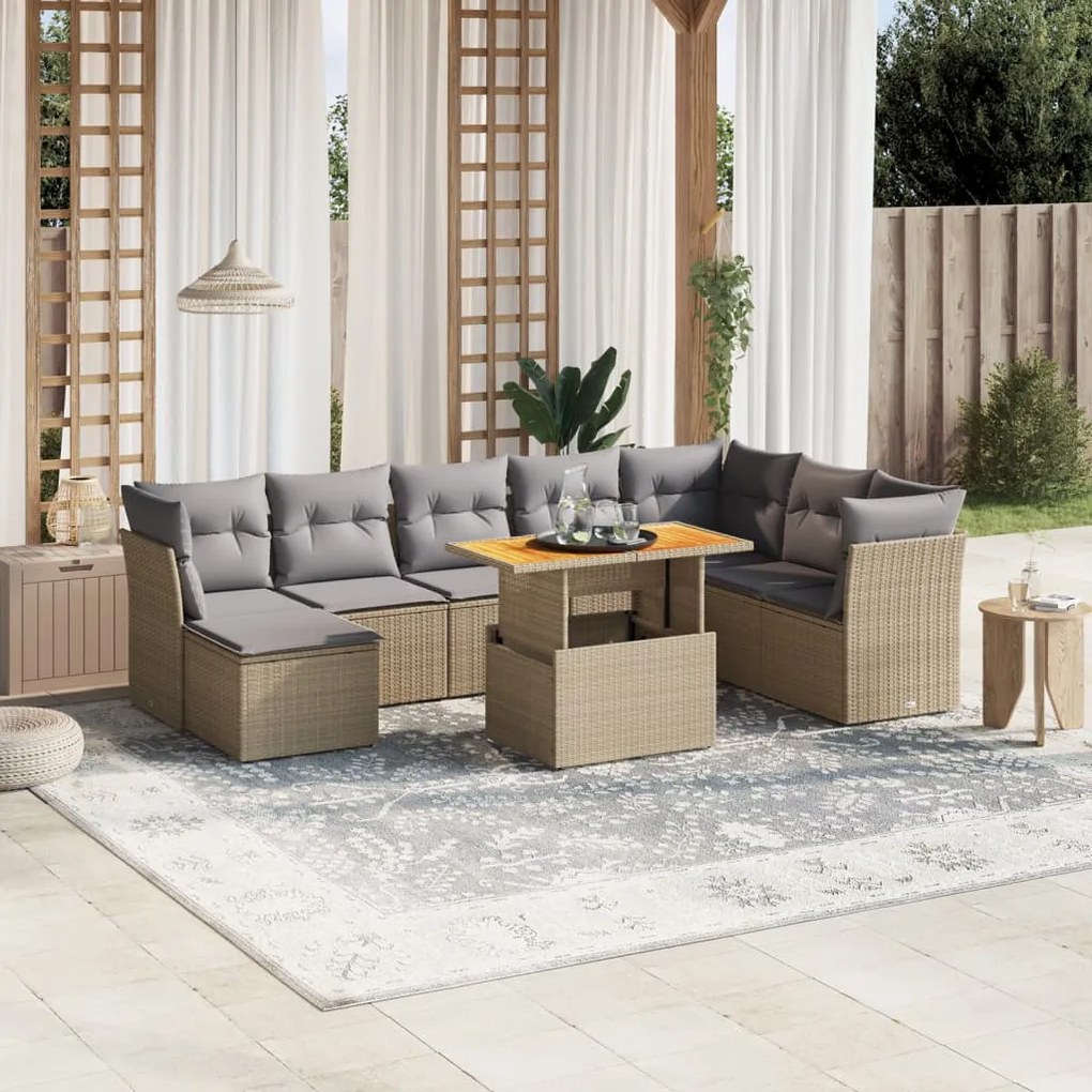 vidaXL Set canapele de grădină, 9 piese, cu perne, bej, poliratan