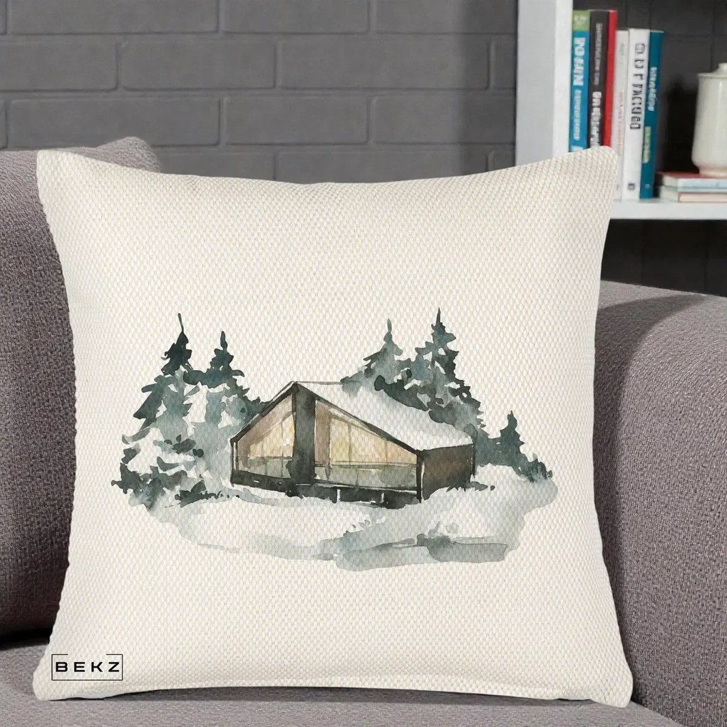 Perna Decorativa Cabana de Iarna in Padure, 40x40 cm, Crem Reliefat, Husa Detasabila, Perna Inclusa, BEKZ®