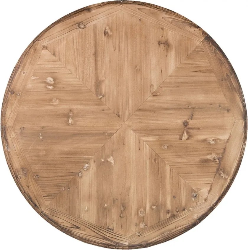 Masă dining rotundă din lemn, natur, 4–5 locuri, cu picior central în volute, finisaj antichizat, 85 x 120 cm, „Aimée”