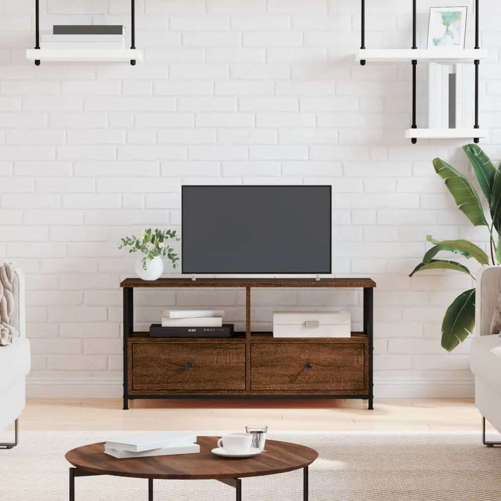 vidaXL Comodă TV, stejar maro, 90x33x45 cm, lemn prelucrat &amp; fier