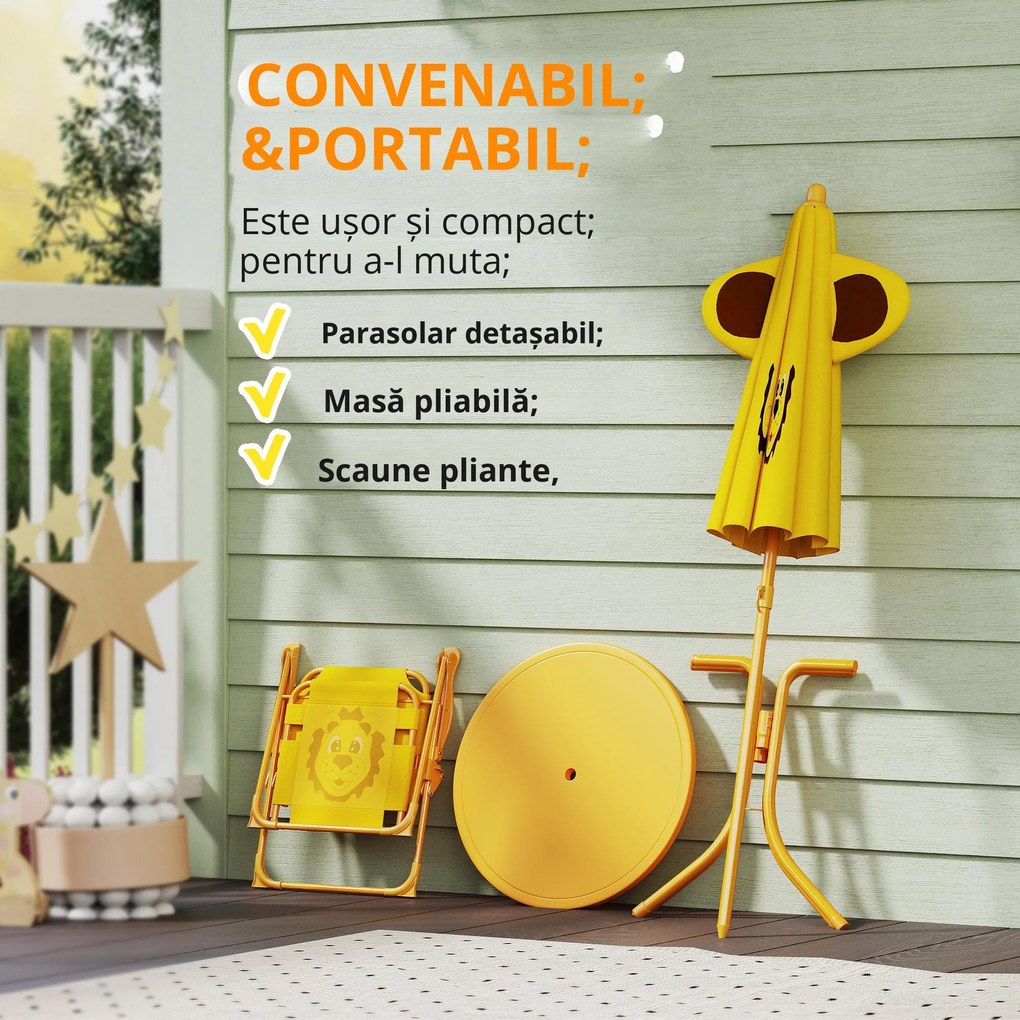 AIYAPLAY Mobilier de grădină pentru copii cu umbrelă de soare reglabilă, Set de picnic pentru copii cu 4 piese, Masă cu 2 scaune pliante, masă, Set de terasă cu model de leu pentru vârstele 2-5 ani, Galben | Aosom Romania