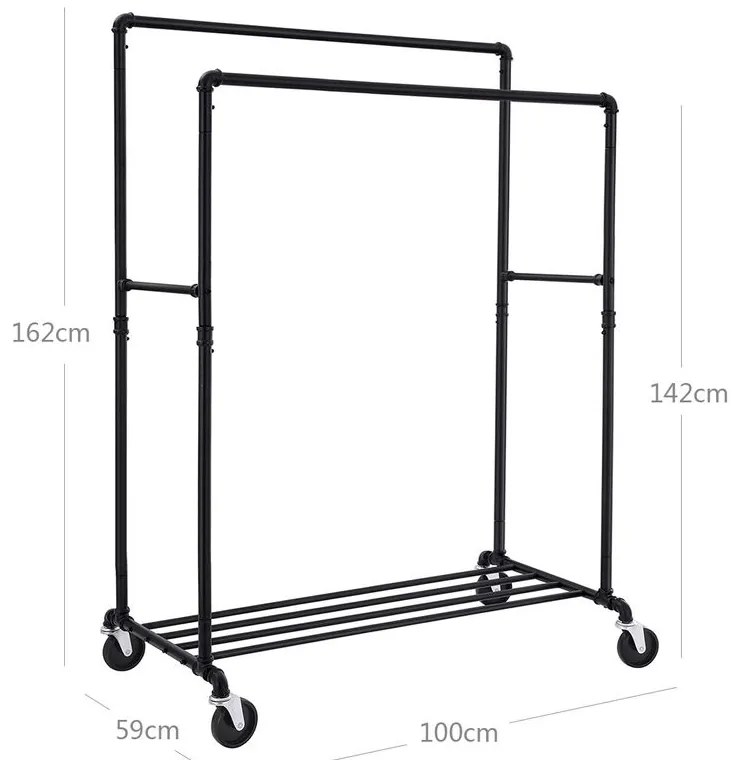 Suport dublu pentru haine RARE, țevi de apă, 100x59x162cm, negru SongmicsHome