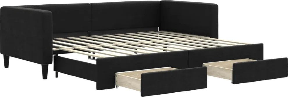 vidaXL Pat de zi cu extensie și sertare, negru, 90x200 cm, textil