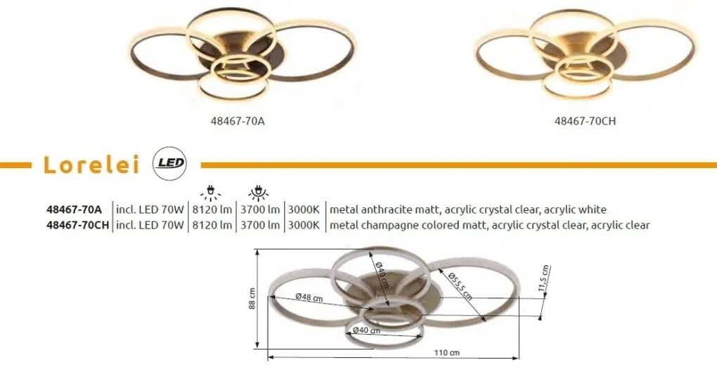 Plafoniera LED metal sampanie cristale acrilice LORELEI