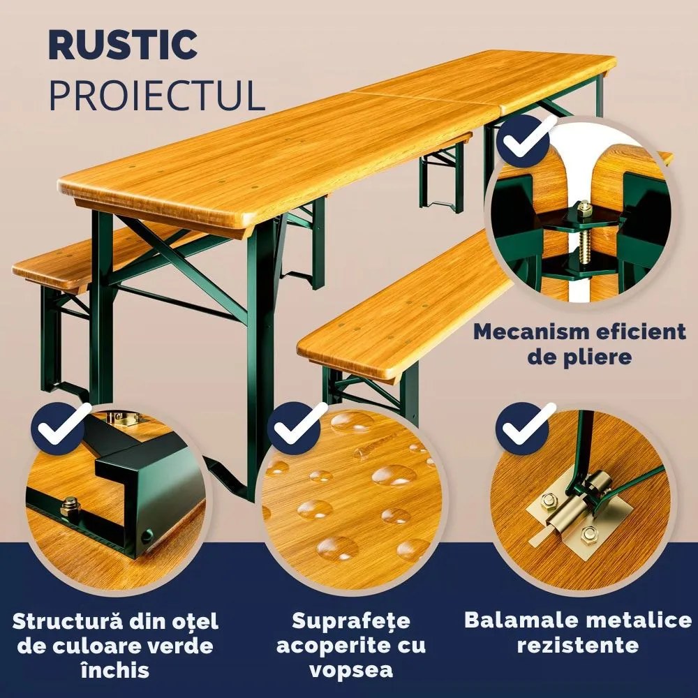 Set de masă pentru bere MAXI pliabil, 220cm, maro natural Jurhan
