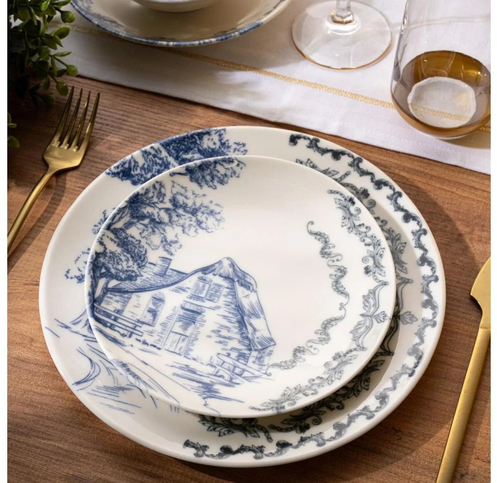 Set de veselă, 24 de piese, din porțelan, alb/albastru