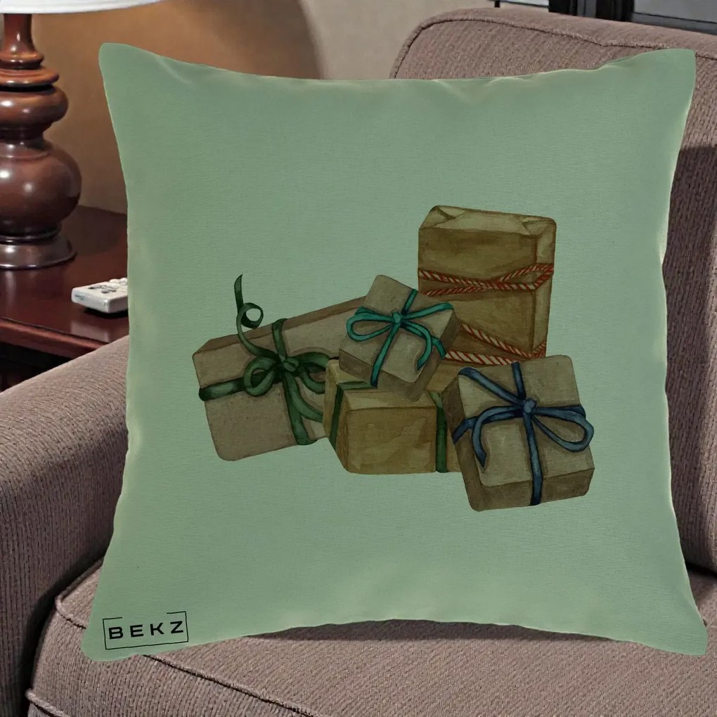 Perna Decorativa Cadouri de Craciun Kraft, 40x40 cm, Verde, Husa Detasabila, Perna Inclusa, BEKZ®