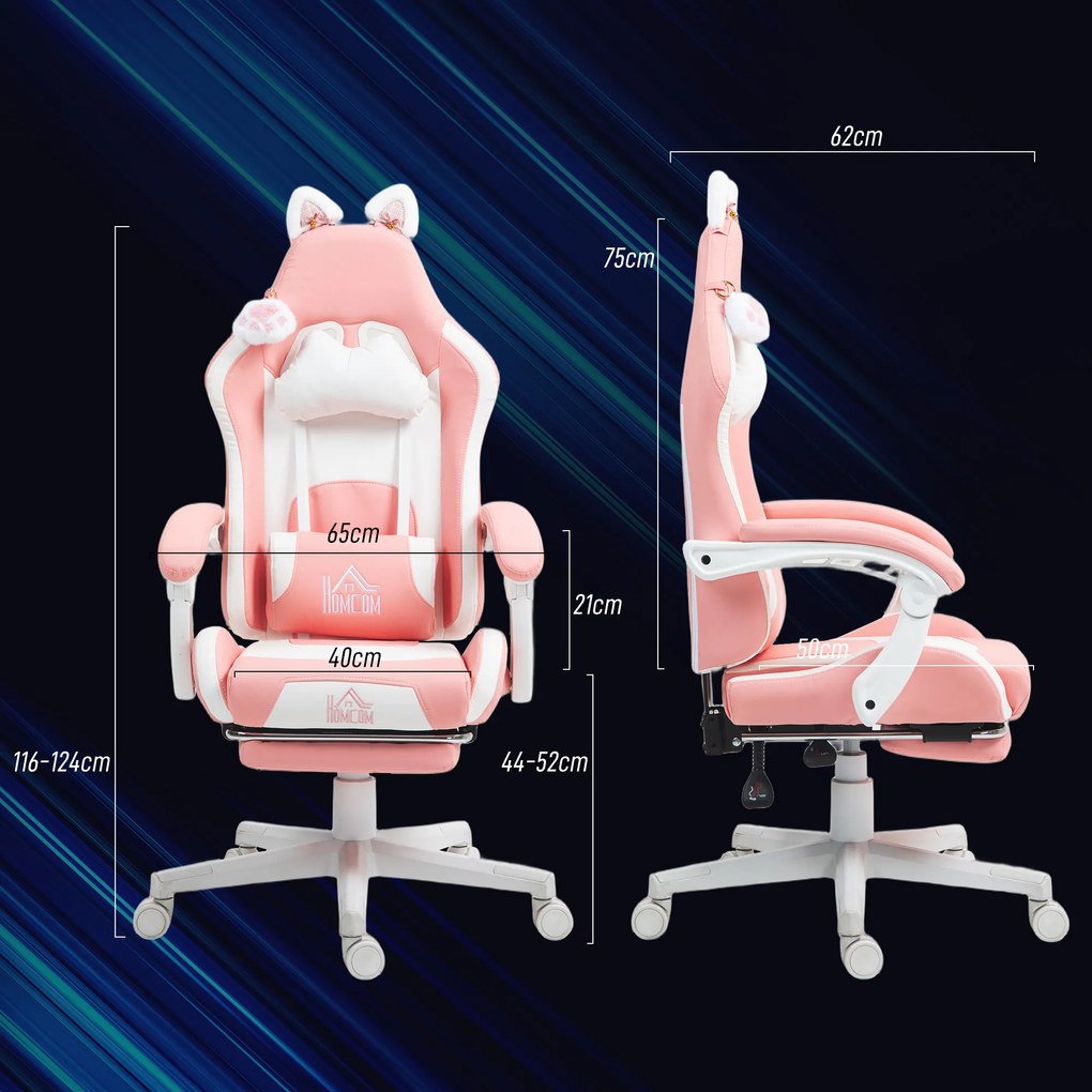 HOMCOM Scaun de Gaming Ergonomic cu Urechi de Pisică, Suport pentru Picioare și Suport Lombar, 65x62x116-124 cm, Roz | Aosom Romania