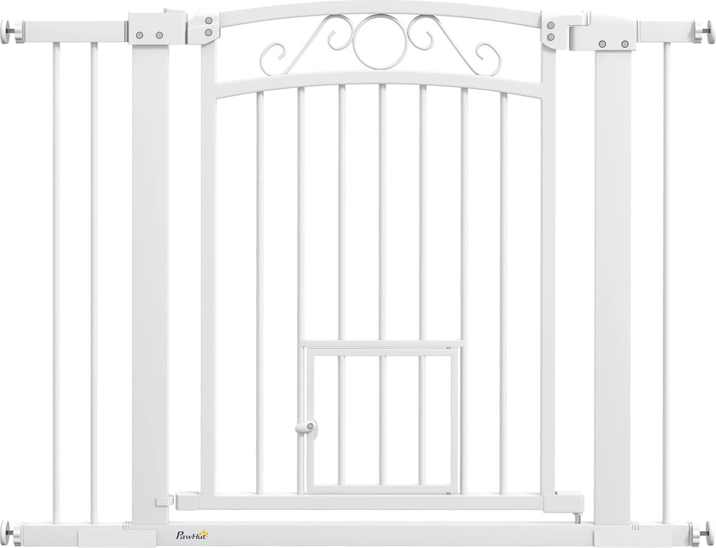 PawHut Ușă de Siguranță pentru Câini de Interior cu 2 Extensii și Ușiță pentru Pisici, 76-104x77 cm, Alb | Aosom Romania