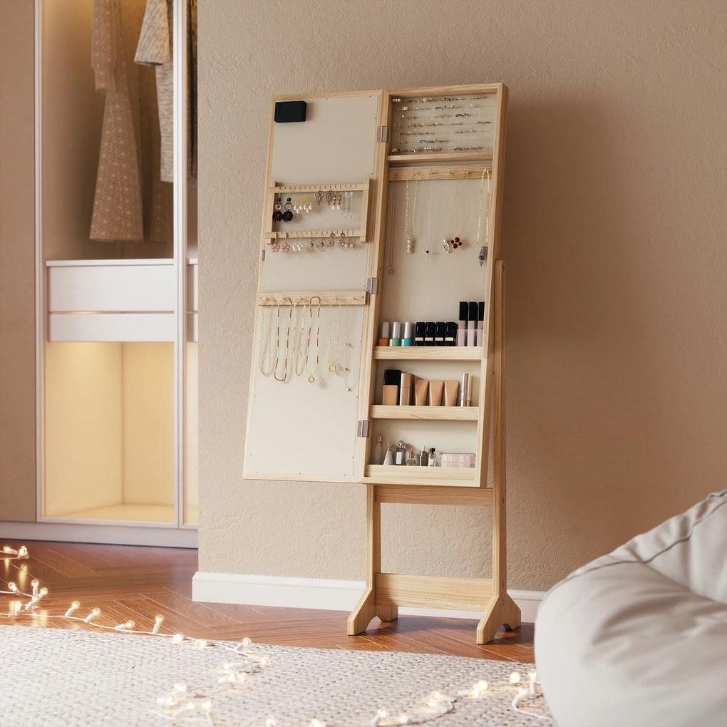 HOMCOM Oglindă Joyero cu Lumini LED Dulap pentru Bijuterii Dulap Joyero de Podea cu Oglindă Integrală Unghi Reglabil Lemn Natural | Aosom Romania