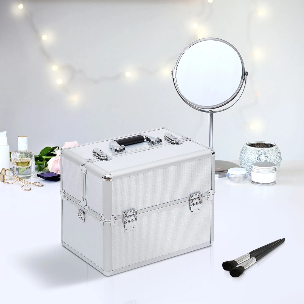 HOMCOM Cutie de Machiaj în 3 Nivele, Geantă Profesională pentru Cosmetică, 36,5x24x29 cm, Argintiu | Aosom Romania