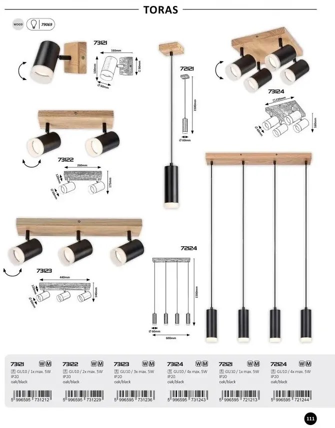 Aplica de perete lemn stil nordic cu 1 spot Toras