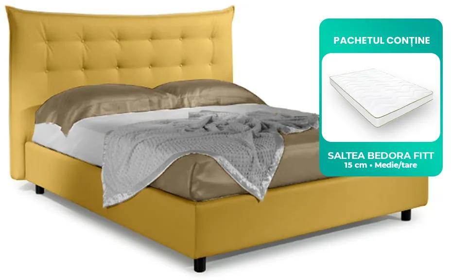 Pat Dormitor Matrimonial Bed&Sofa Debora iSomn 160x200 cm, fara lada de depozitare, stofa, galben