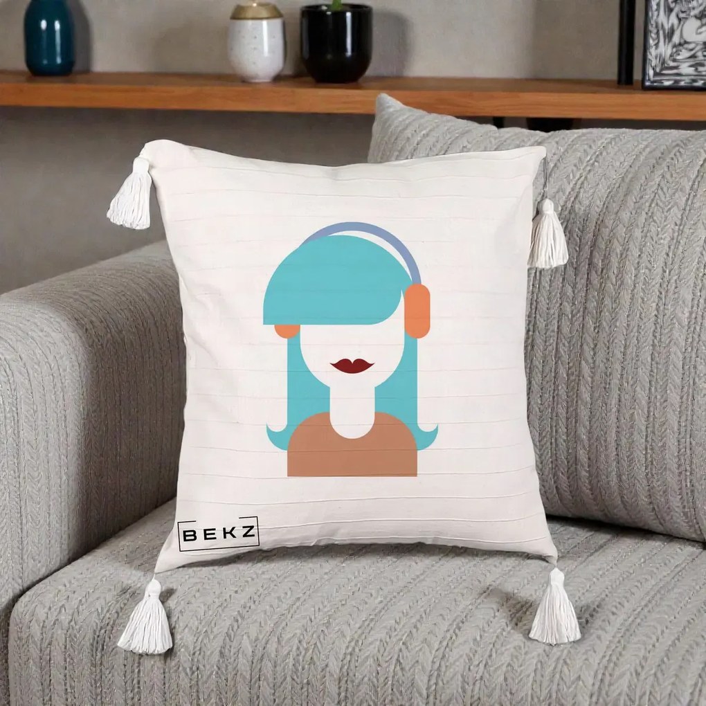 Perna Decorativa Fata cu Casti Muzica Grafic, 40x40 cm, Bej cu Franjuri, Husa Detasabila, Perna Inclusa, BEKZ®
