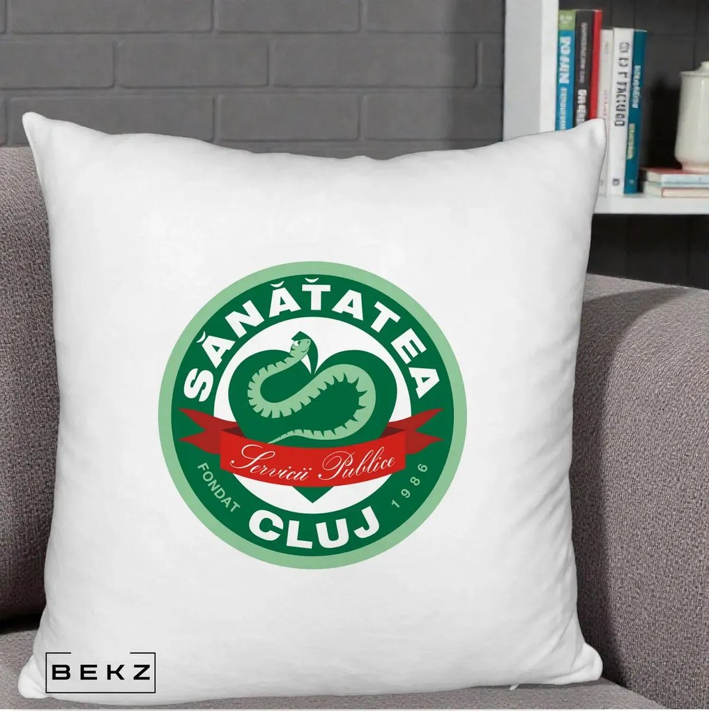 Perna Personalizata Sanatatea Cluj Servicii Publice 1986, 40x40 cm, Alb Pufos, Husa Detasabila, Perna Inclusa, BEKZ®