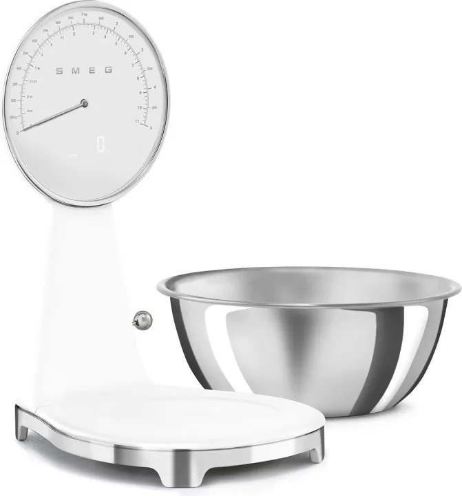 Cantar de bucatarie Smeg KSF01WHWW, Afisaj analogic si digital, Pana la 5 kg/5 l, Functie TARA, Afisaj LED, Baza antiderapanta, Baterie reincarcabila, Alb mat