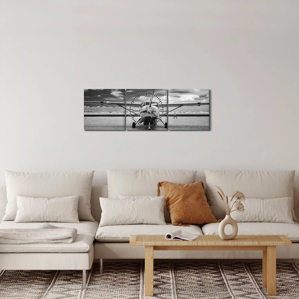 Tablou - Avion alb-negru și alb-negru (cu ceas) (90x30 cm)