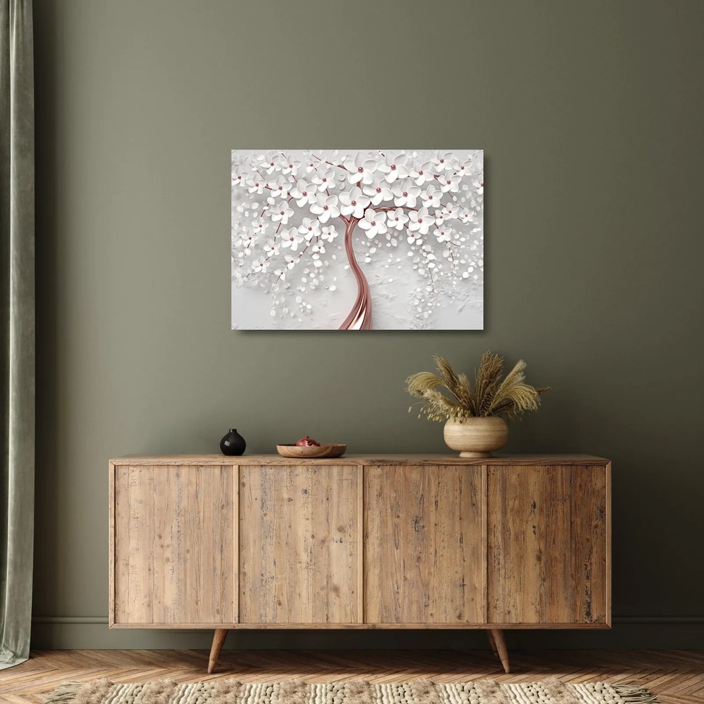 Tablou pe sticlă - Imaginea copacului alb cu flori albe, rosegold (70x50 cm)