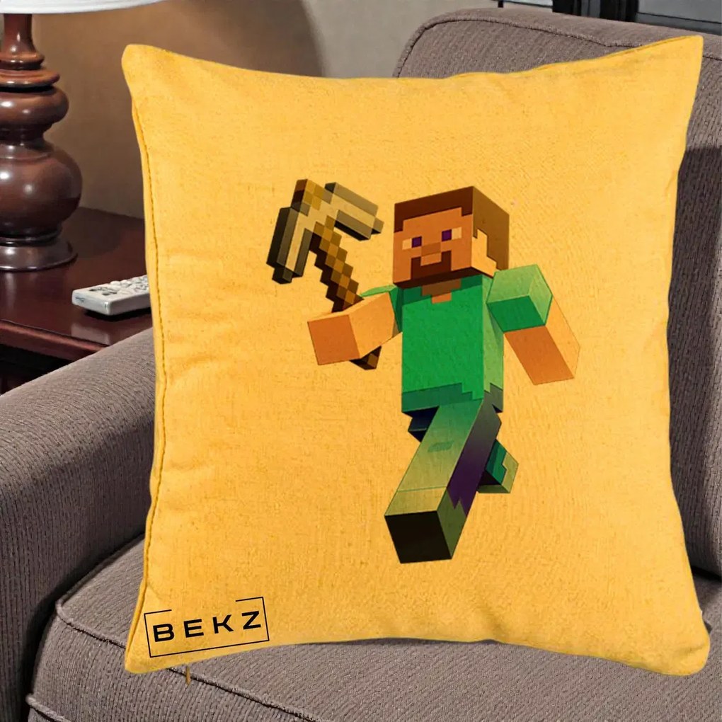Perna Personalizata Minecraft Steve cu Tarnacop, 40x40 cm, Galben, Husa Detasabila, Perna Inclusa, BEKZ®