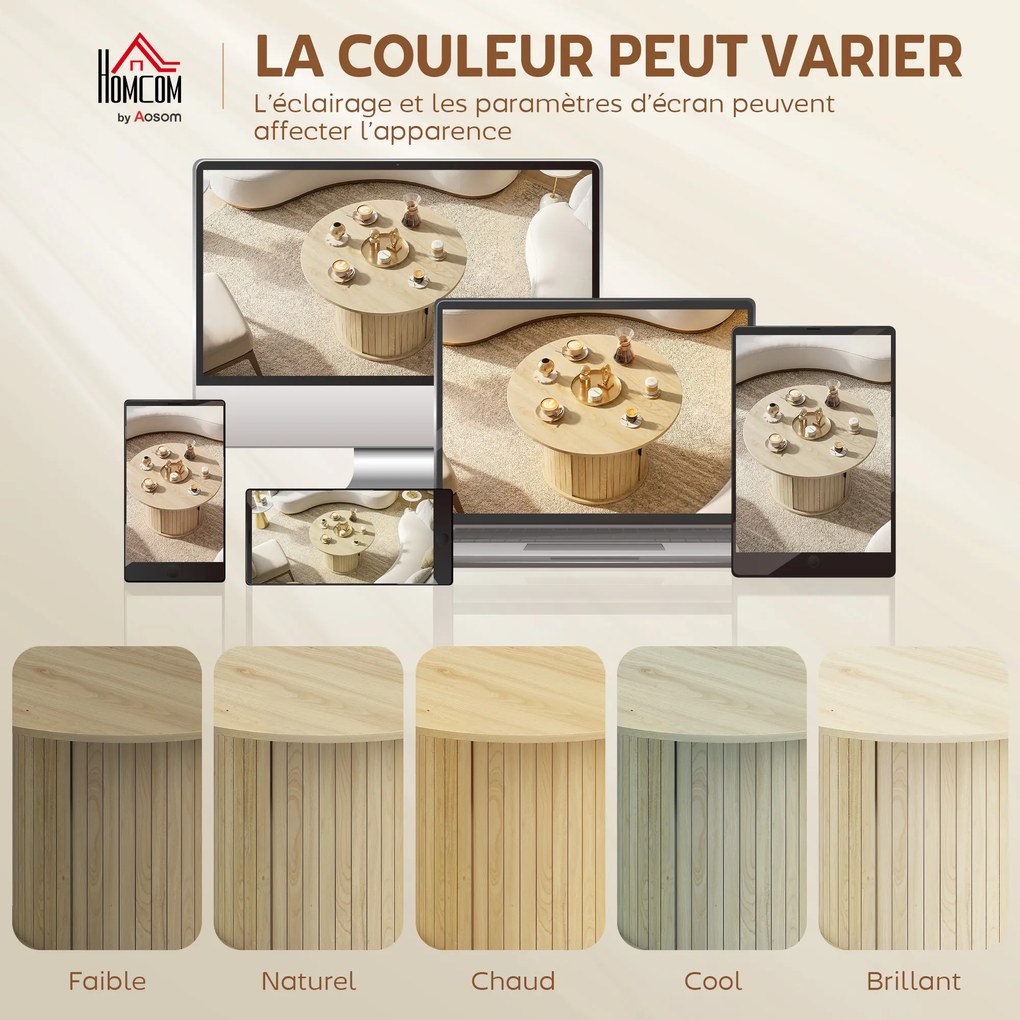 HOMCOM Masă de cafea rotundă, masă pentru living cu depozitare, ușă glisantă cu lamele, 2 rafturi, efect lemn natural | Aosom Romania