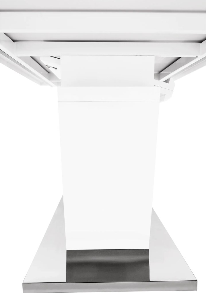 Masă dining, pliabilă, alb luciu extra ridicat / oţel, 160-220x90 cm, PERAK