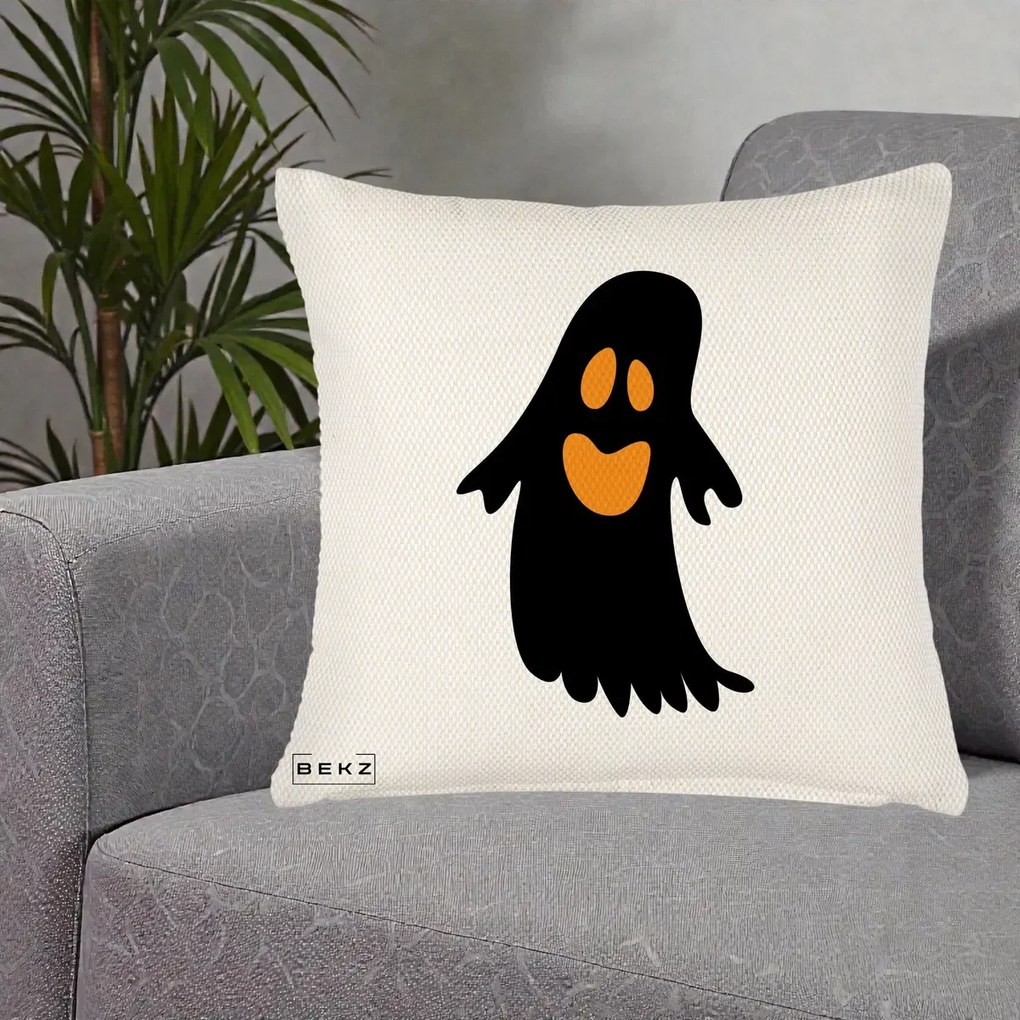 Perna Decorativa Halloween Fantoma Neagra cu Ochi Portocalii, 40x40 cm, Crem Reliefat, Husa Detasabila, Perna Inclusa, BEKZ®