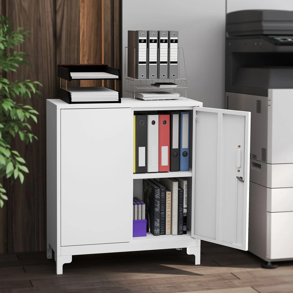 HOMCOM Dulap de birou din metal, uși cu închidere, comodă de birou, design în 2 nivele, Alb | Aosom Romania