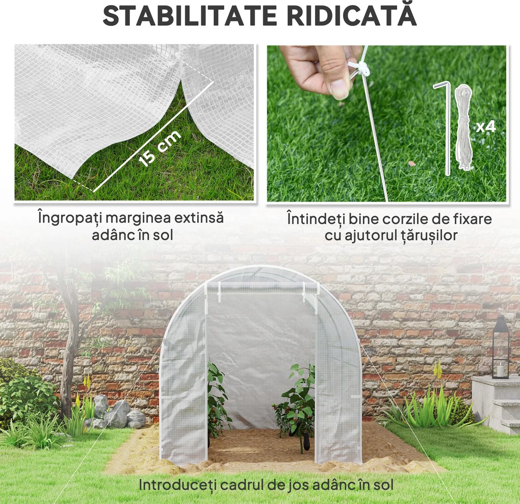 Outsunny Seră de Grădină Tip Tunel cu Cadru din Oțel și 4 Ferestre în PE 2.5x2x2m, Alb | Aosom Romania
