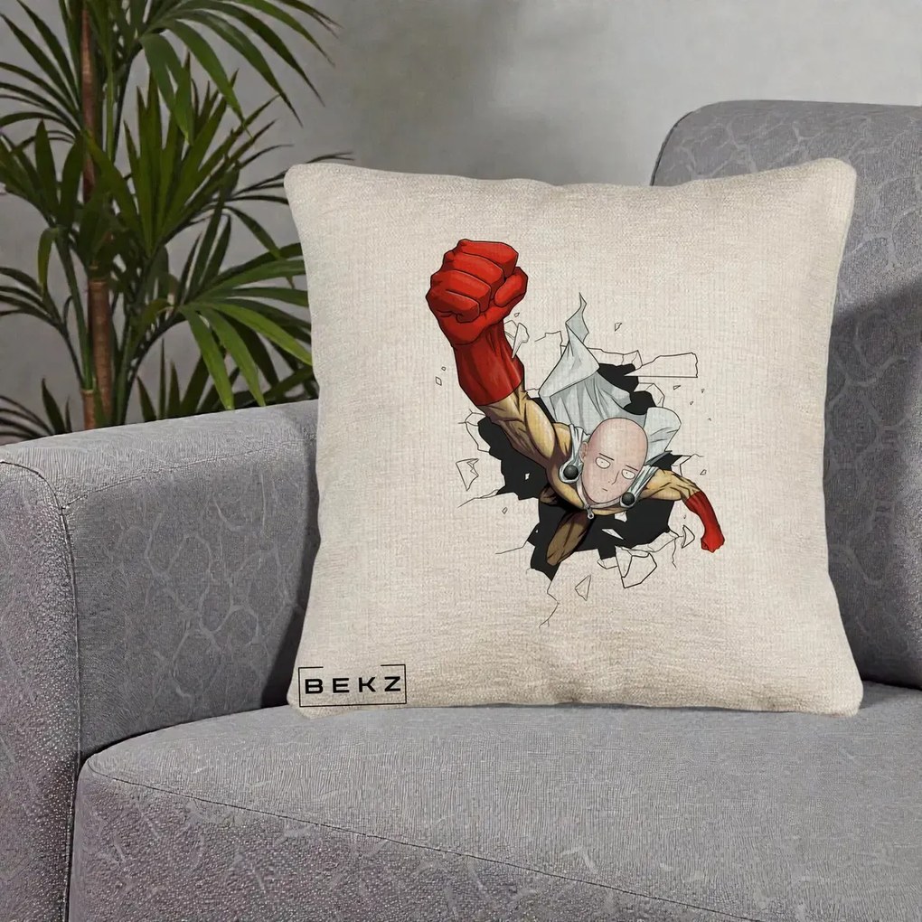Perna Personalizata One Punch Man Saitama Pumn, 40x40 cm, Bej Canapea, Husa Detasabila, Perna Inclusa, BEKZ®