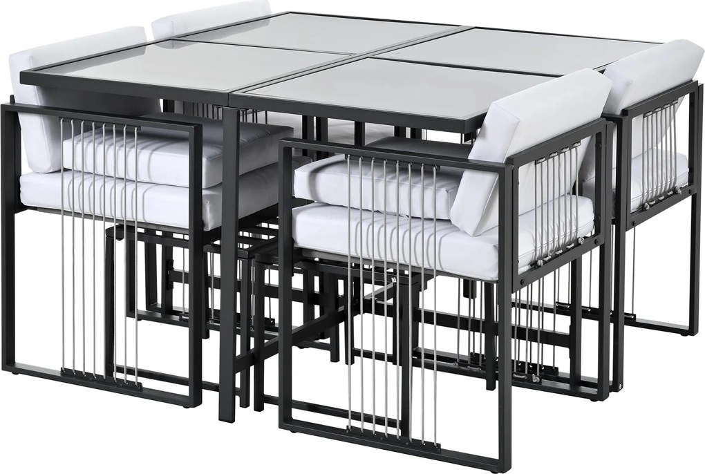 Set de grădină 7 piese pentru 6 persoane, masă din sticlă securizată, 4 scaune împletite și 2 taburete pentru picioare, Negru+Alb