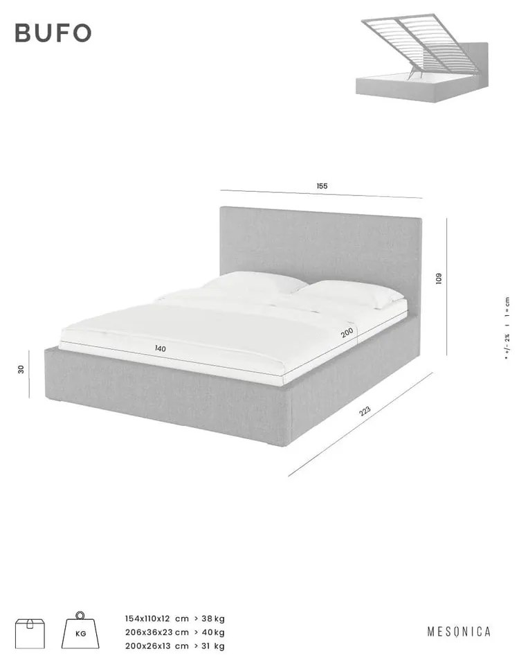 Pat matrimonial bej tapițat cu spațiu de depozitare cu somieră 180x200 cm Bufo Bed – MESONICA