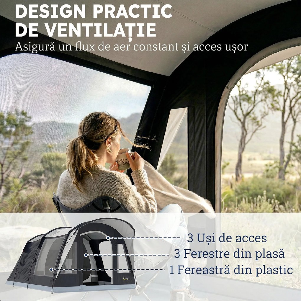 Outsunny Cort de Camping Tunel pentru 2-4 Persoane, Înălțime 213cm, cu 2 Camere, Cort Familial Impermeabil 3000mm cu Verandă, Ferestre, Buzunare, Cârlig și Geantă de Transport, Bleumarin | Aosom Romania