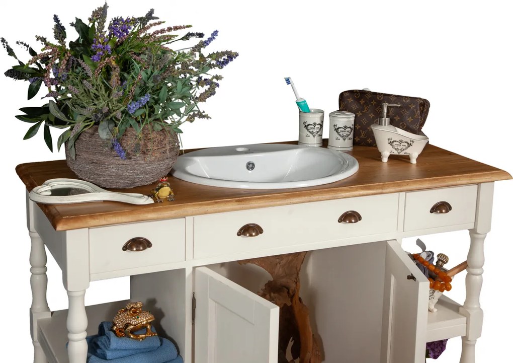 Mobilier de baie din lemn masiv, lavoar ceramica , alb antichizat  natur, L128x54xH92 cm