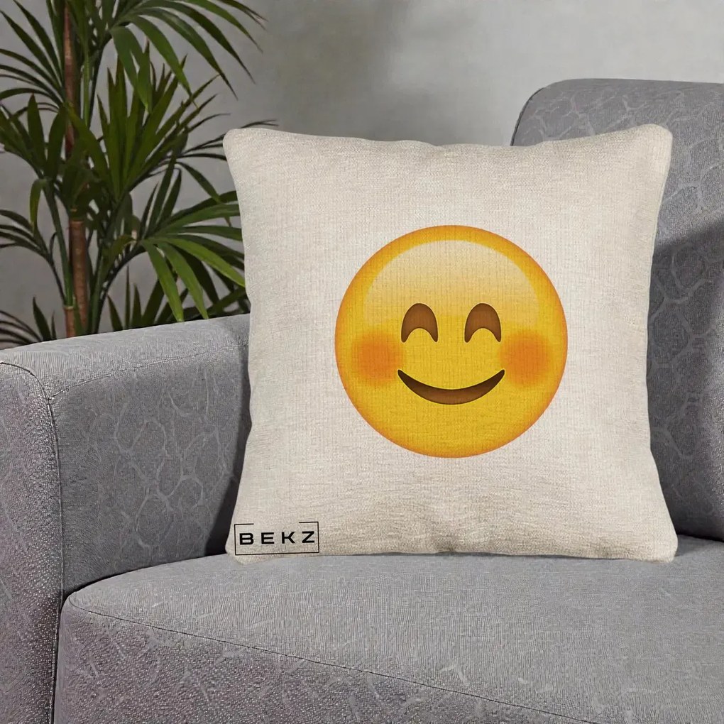 Perna Decorativa Emoji Fericit Roscat, 40x40 cm, Bej Canapea, Husa Detasabila, Perna Inclusa, BEKZ®