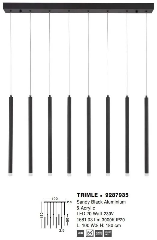 Lustra cu 8 pendule LED design tubular TRIMLE