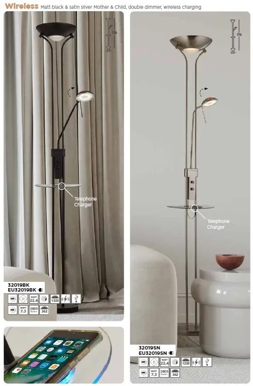 Lampadar, Lampa de podea LED cu punct de incarcare telefon Wireless