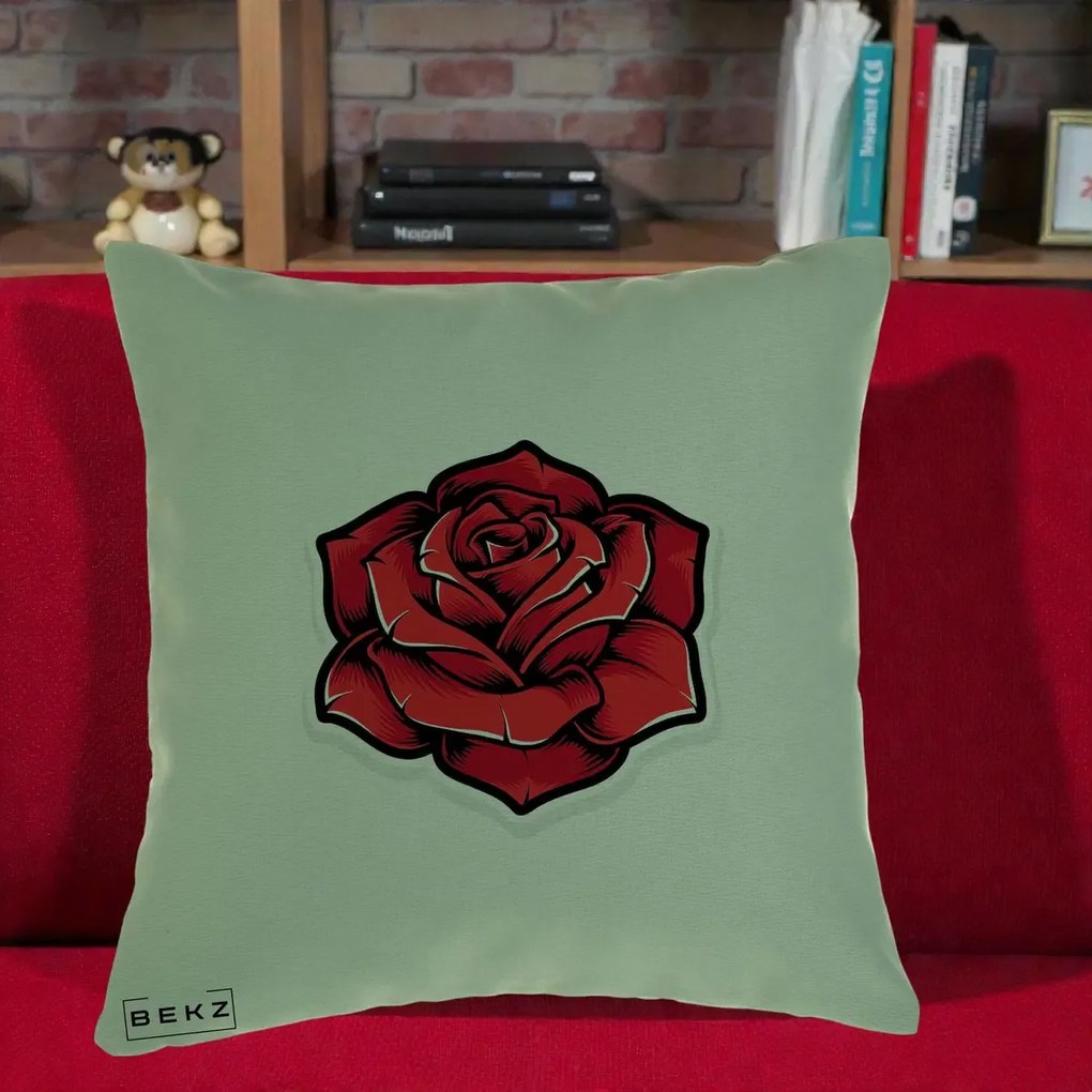 Perna Decorativa Trandafir Rosu Tattoo, 40x40 cm, Verde, Husa Detasabila, Perna Inclusa, BEKZ®