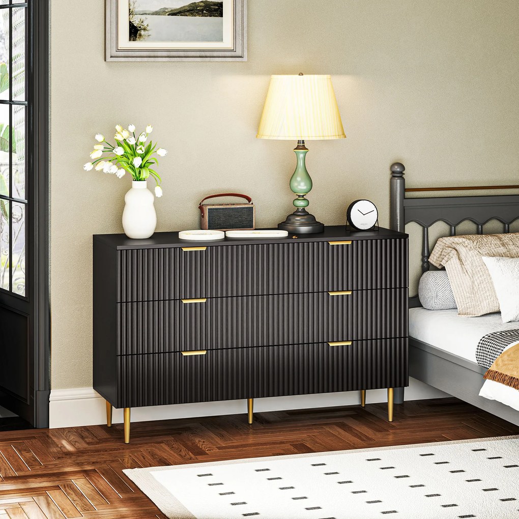 HOMCOM Comodă 6 sertare comodă dormitor mobilier de depozitare modern cu mânere și picioare aurii, 120 x 40 x 76,5 cm, negru | Aosom Romania