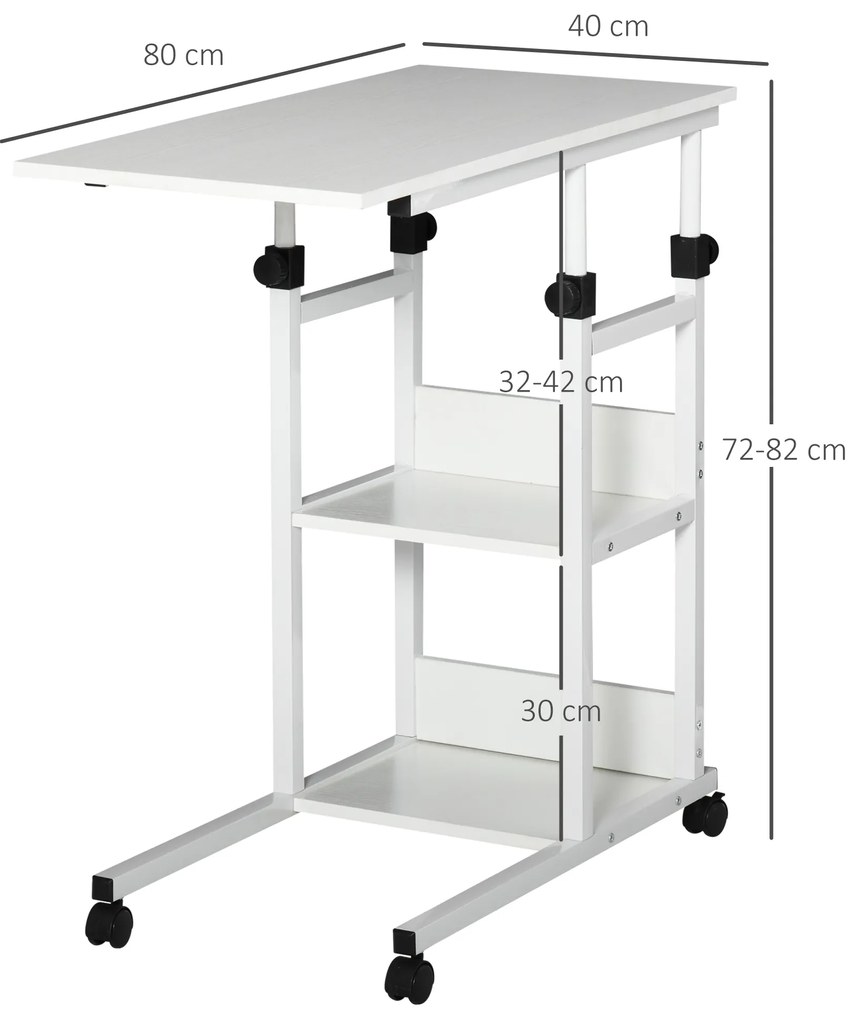 HOMCOM Masa auxiliară Masa rulantă Masa de pat pentru Laptop Înălțime reglabilă - 2 rafturi integrate - cadru metalic Alb | Aosom Romania
