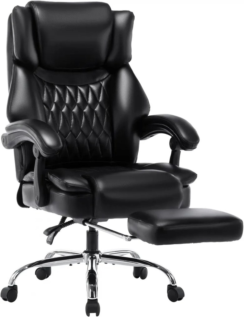 Scaun directorial, spatar inalt, suport pentru picioare, perna lombara detasabila, spatar rabatabil, captuseala groasa respirabila, sustinere extra, piele PU Premium, Negru