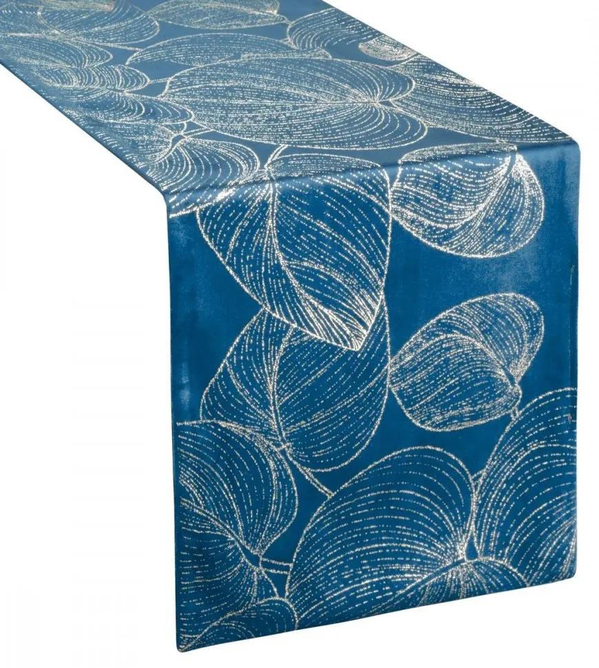 Traversa pentru masa centrală din catifea cu imprimare lucioasă de frunze albastre Lățime: 35 cm | Lungime: 180 cm