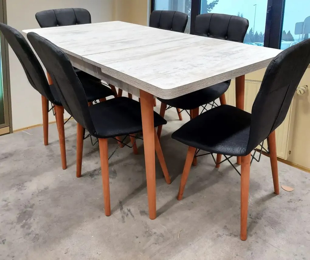 Set masa extensibila cu 6 scaune tapitate Homs cristal alb-negru 170 x 80 cm