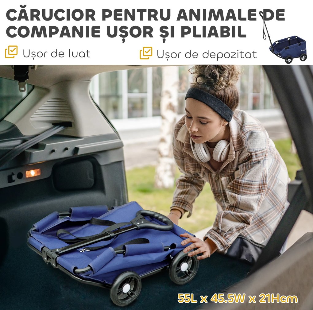 PawHut Cărucior Pliabil pentru Câini de Talie Mică cu Intrare la 45°, Geantă și Pernă, 53x45x28 cm, Albastru | Aosom Romania
